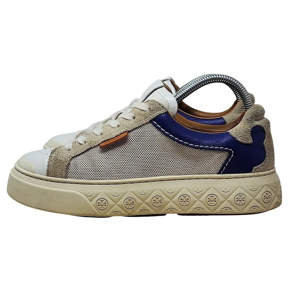 Tory Burch Ladybug Sneakers 9 M Womens Cream Blue Platform Mesh Leather Suede